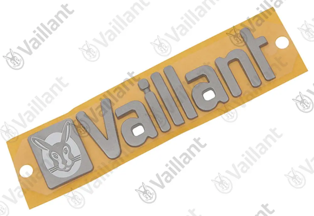 Vaillant Firmenschild aus Metall mit stilisiertem Hasenlogo, montiert auf einer gelben Trägerkarte, zur Kennzeichnung oder Identifikation von Geräten.